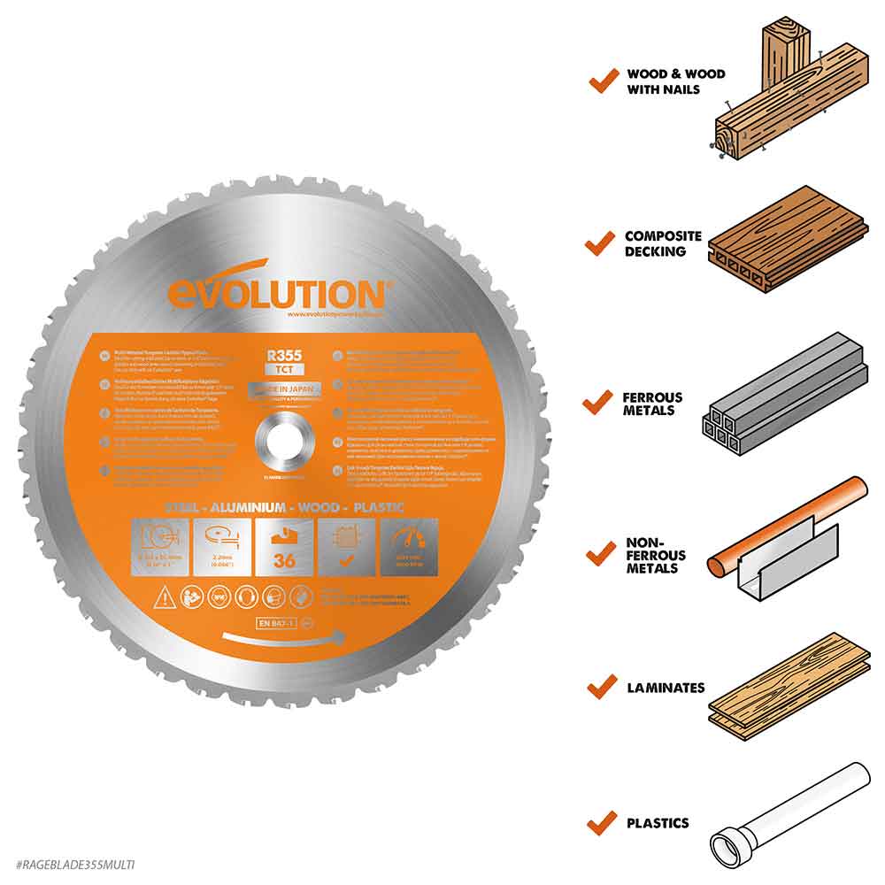 Evolution 355mm Multi-Material Cutting 36T Chop Saw Blade