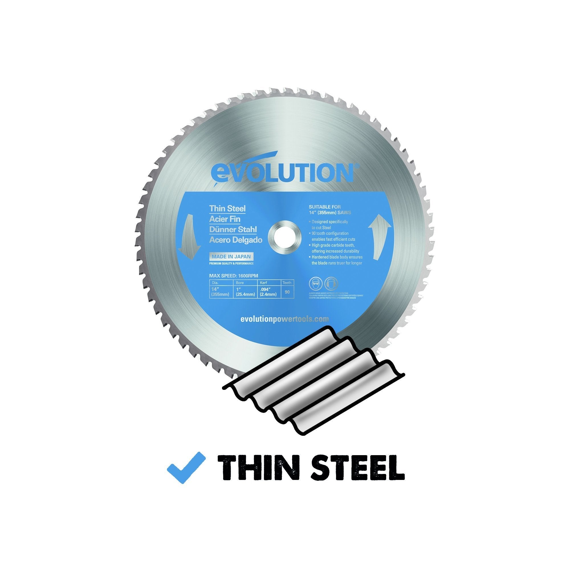 Evolution 355mm Thin Steel Cutting 90T TCT Chop Saw Blade