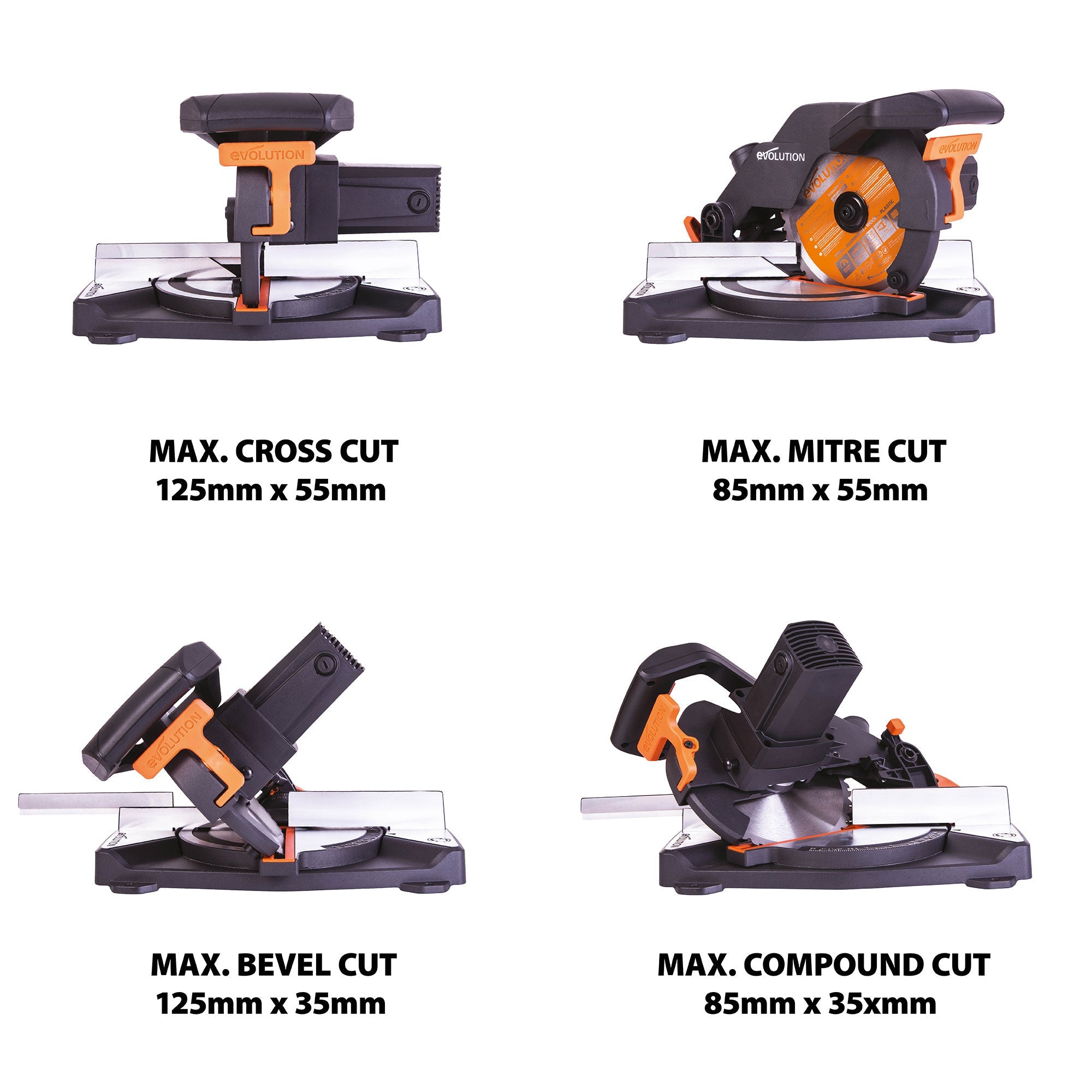 Evolution R210CMS+ 210mm 1200w Compound Mitre Saw With TCT Multi-Material Cutting Blade