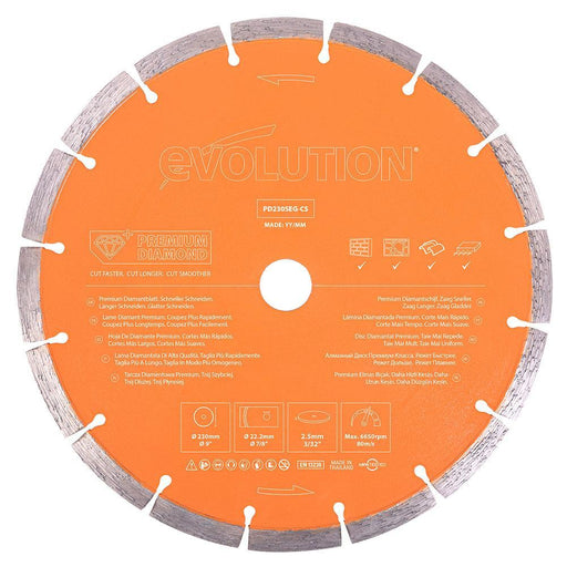 Evolution 230mm, Premium Diamond Disc Cutter Blade With High Diamond Concentration, Segmented Edge and 22.2mm Bore - Evolution Power Tools UK