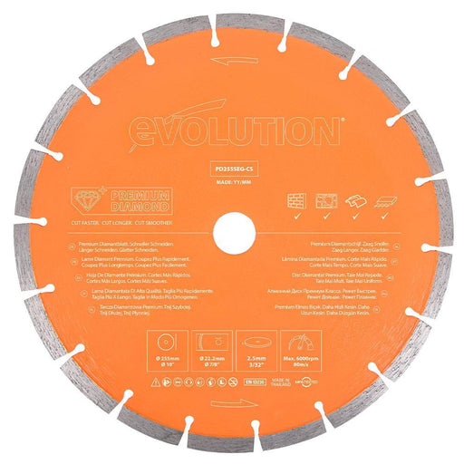 Evolution 255mm Premium Diamond Disc Cutter Blade With High Diamond Concentration, Segmented Edge and 22.2mm Bore - Evolution Power Tools UK