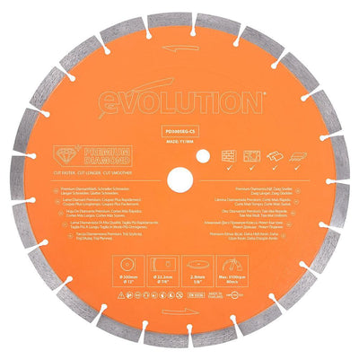 Disque de coupe diamanté haut de gamme Evolution 300 mm avec forte concentration de diamants, bord segmenté et alésage de 22,2 mm