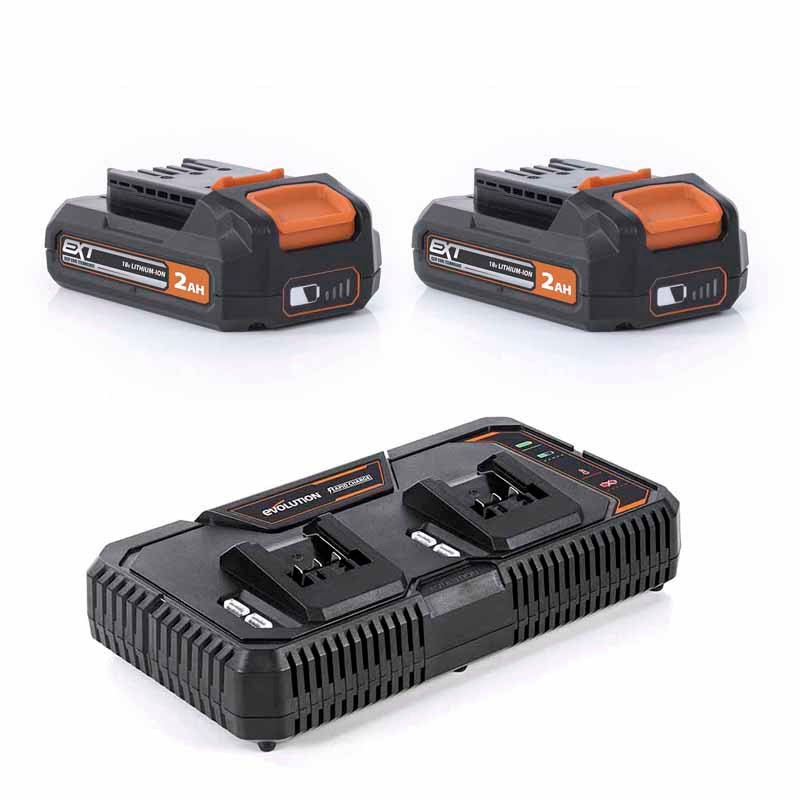 Evolution Cordless Dual Port Li-Ion 18v EXT Fast Charger & Double Battery Pack Bundle