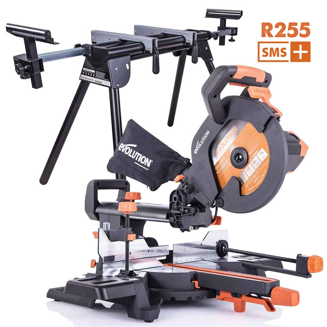 Evolution R255SMS+ 255mm Sliding Compound Mitre Saw & Stand Bundle