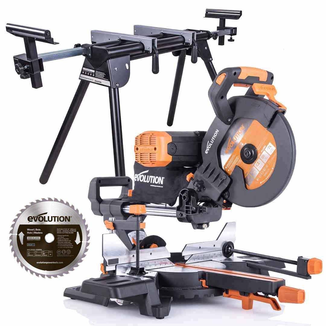 Evolution R255SMS-DB+ 255mm Double Bevel Mitre Saw & Stand Bundle
