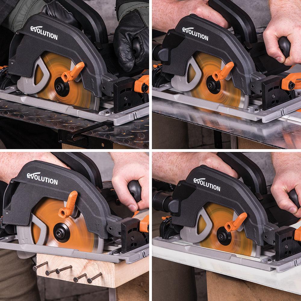 Evolution R185CCSX 185mm Circular Saw with 1020mm 3-piece Mini Track and TCT Multi-Material Cutting Blade