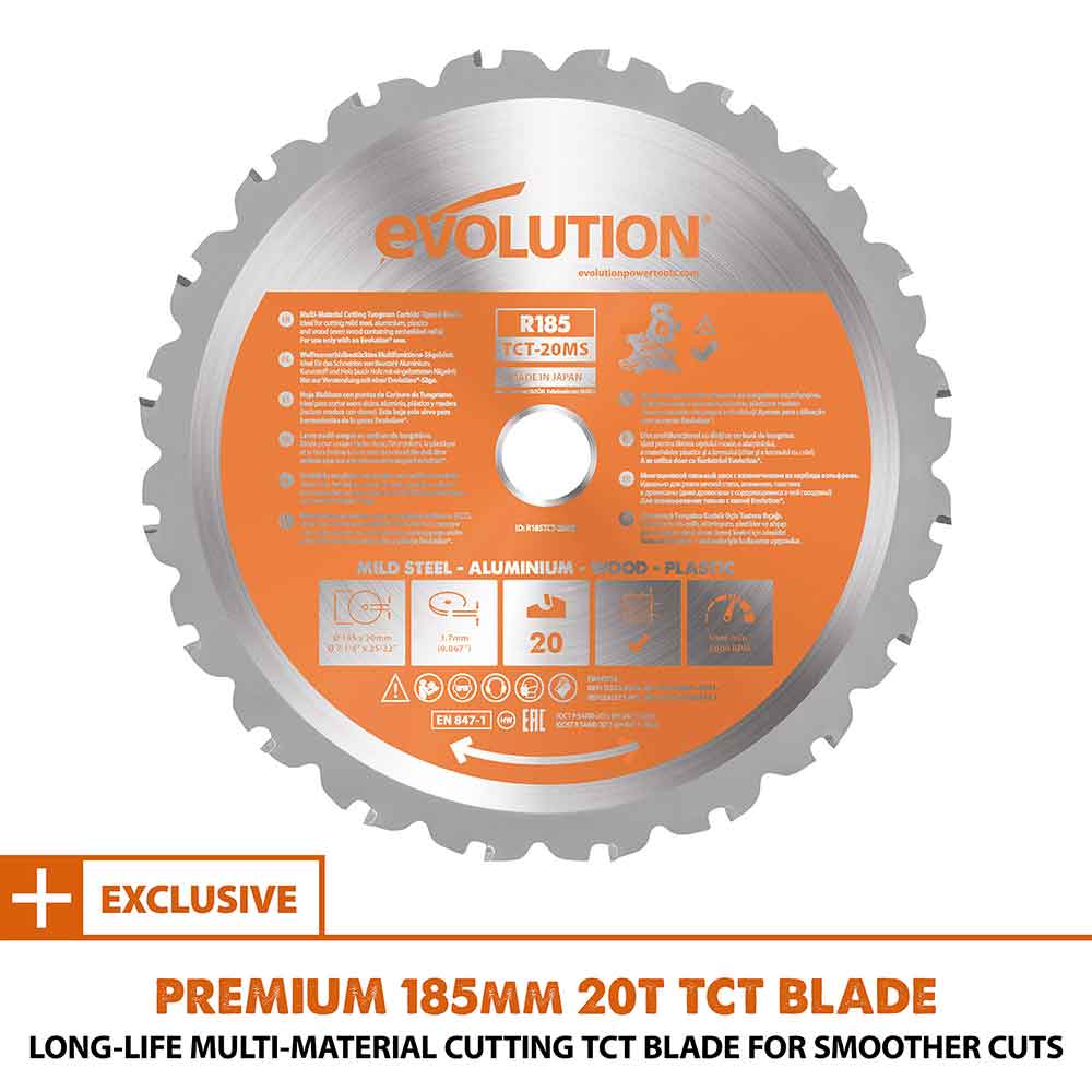 Evolution R185SMS+ 185mm Sliding Compound Mitre Saw With TCT Multi-Material Cutting Blade (230V)