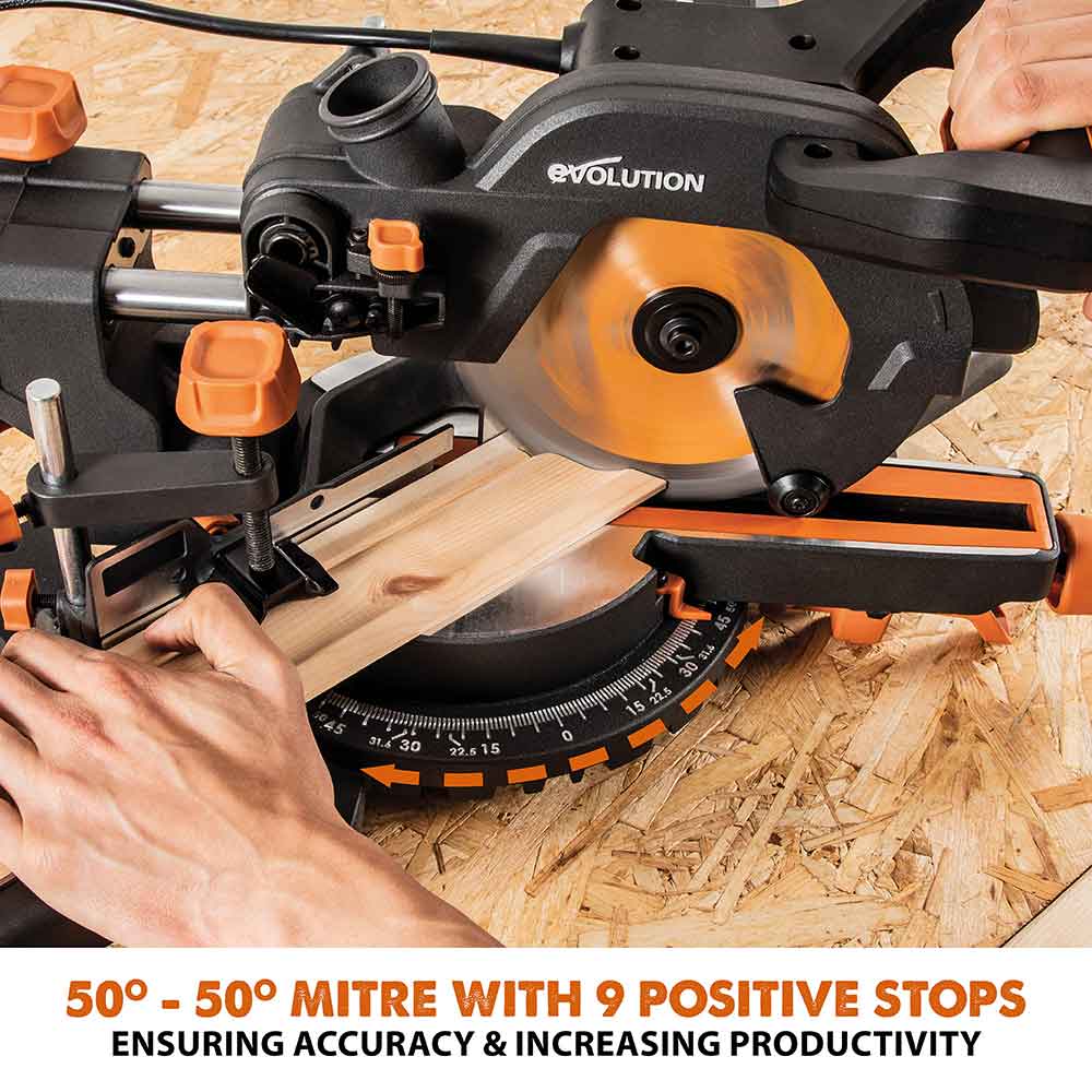 Evolution R185SMS+ 185mm Sliding Compound Mitre Saw With TCT Multi-Material Cutting Blade (230V)
