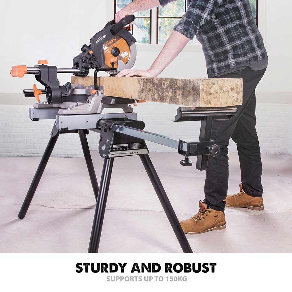 Evolution R255SMS-DB+ 255mm Double Bevel Mitre Saw & Stand Bundle