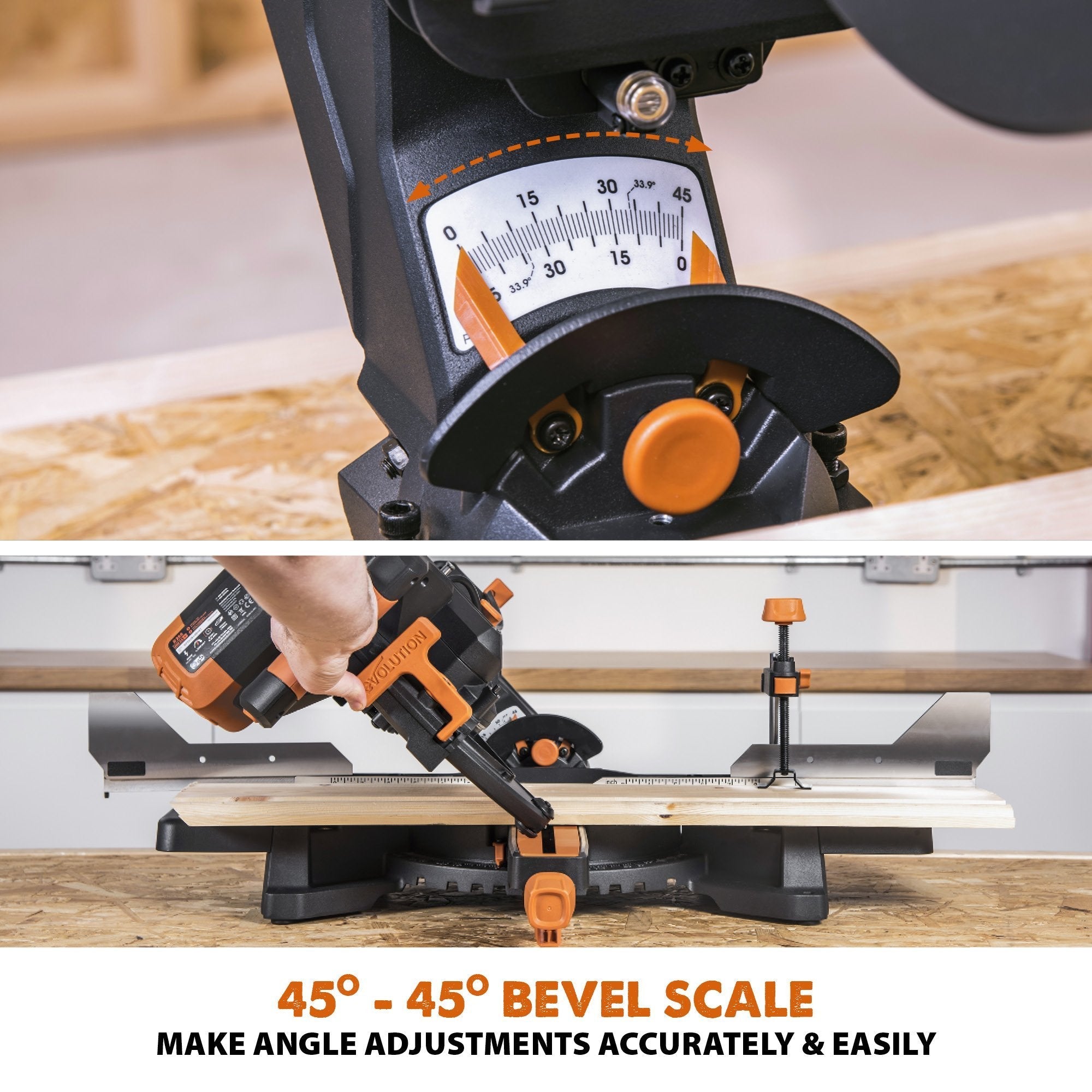 Evolution R255SMS-DB+ 255mm Double Bevel Sliding Compound Mitre Saw with 40T Wood Blade and 28T Multi-Material TCT Blade