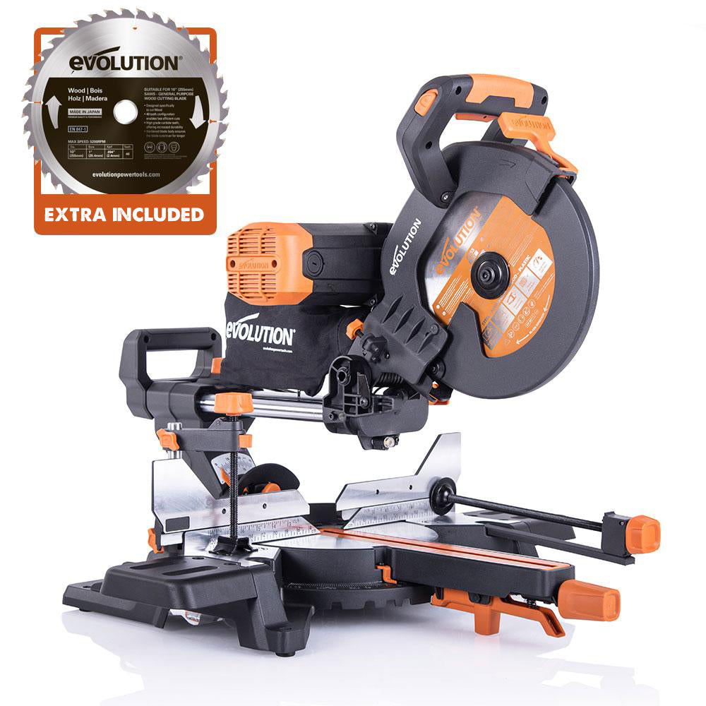 Evolution R255SMS-DB+ 255mm Double Bevel Sliding Compound Mitre Saw with 40T Wood Blade and 28T Multi-Material TCT Blade